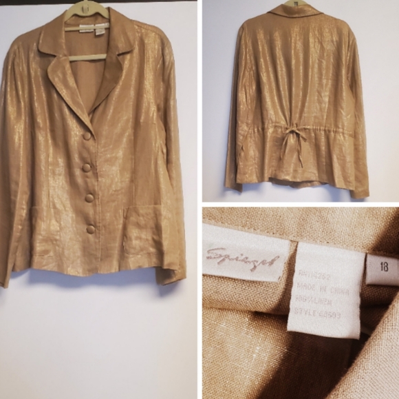 Spiegel Jackets & Blazers - Vintage Spiegel Tan Gold Metalic 100% Linen Blazer Jacket Size 18